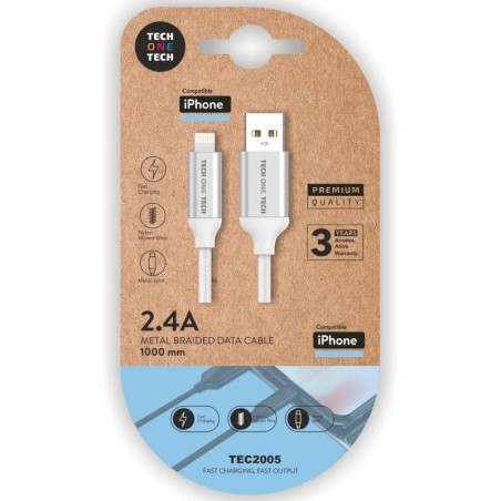 Cable USB 2.0 Tech One Tech TEC2005/ USB Macho - Lightning Macho/ 1m/ Blanco