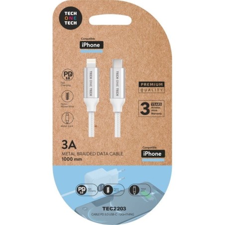 Cable USB Tipo-C 2.0 Lightning Tech One Tech TEC2203/ Lightning Macho - USB Tipo-C Macho/ 1m/ Blanco