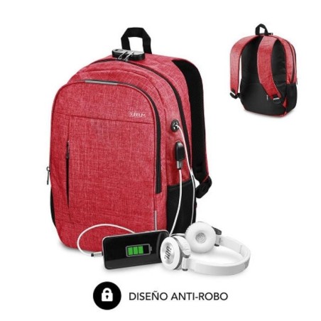 Mochila Subblim Urban Lock para Portátiles hasta 16'/ Puerto USB/ Antirrobo/ Roja