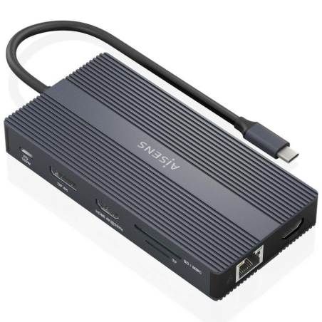 Docking USB Tipo-C Aisens ASUC-12P017-GR/ 2xHDMI/ 4xUSB/ 1xUSB Tipo-C/ 1xRJ45/ 1xDisplayPort/ 1xLector Tarjetas/ 1xUSB Tipo-C PD